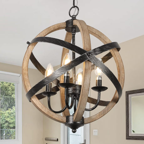 European Style Farmhouse Chandelier - 4-Light Adjustable Rustic Wood Fixture