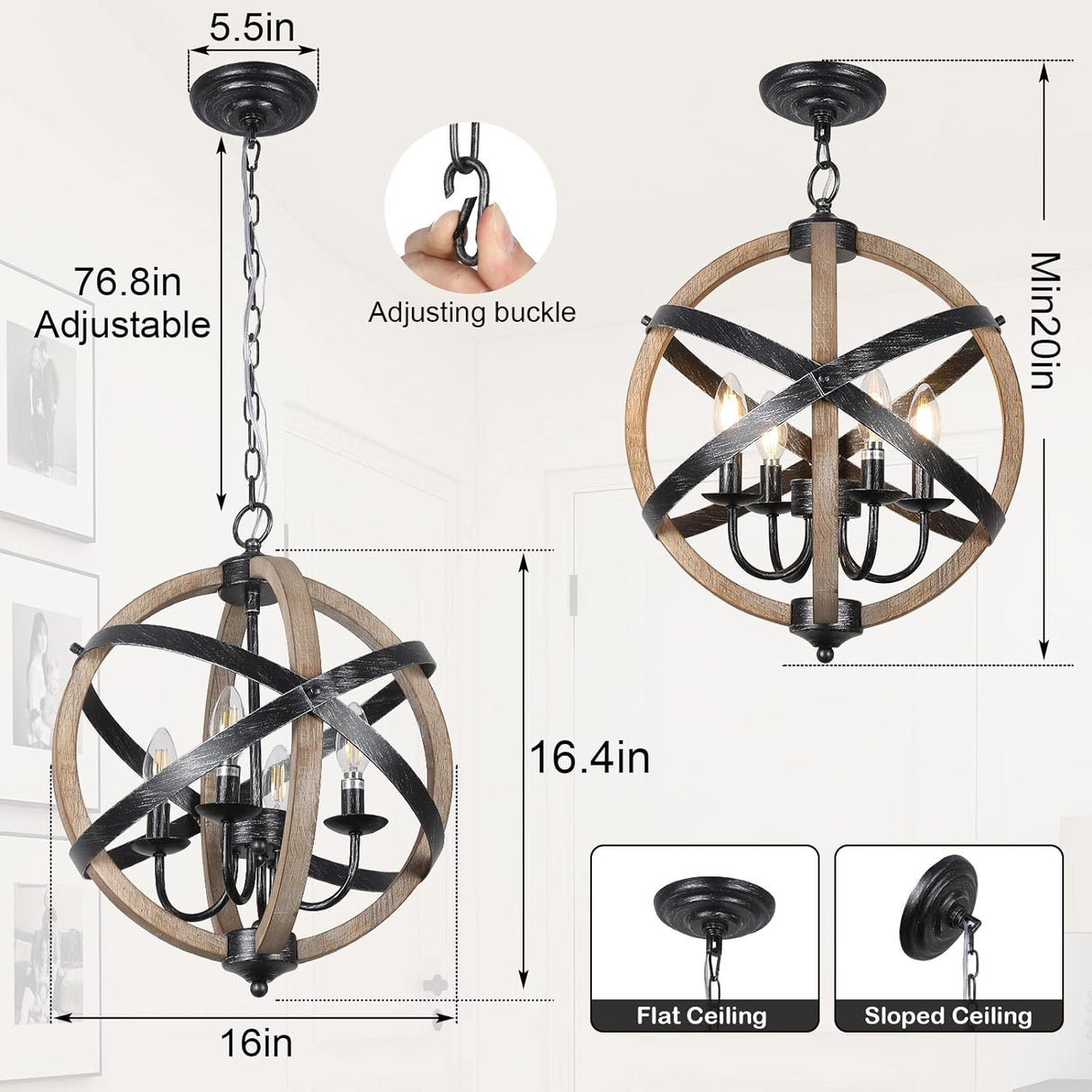 European Style Farmhouse Chandelier - 4-Light Adjustable Rustic Wood Fixture