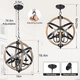 European Style Farmhouse Chandelier - 4-Light Adjustable Rustic Wood Fixture