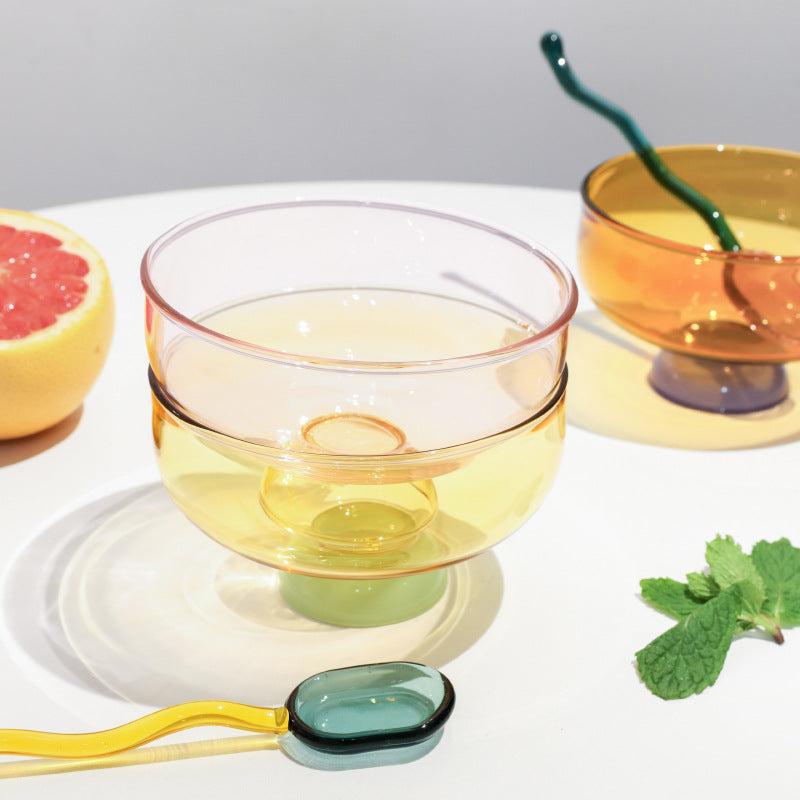 Colored Glass Bowl, Fruit Salad Bowl, Soup Bowl, Tableware, Household Heat-Resistant Transparent Rice Bowl, Spoon Set