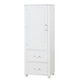 Tall bathroom storage cabinet with two drawers and adjustable shelves for independent storage