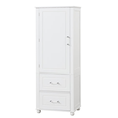Tall bathroom storage cabinet with two drawers and adjustable shelves for independent storage