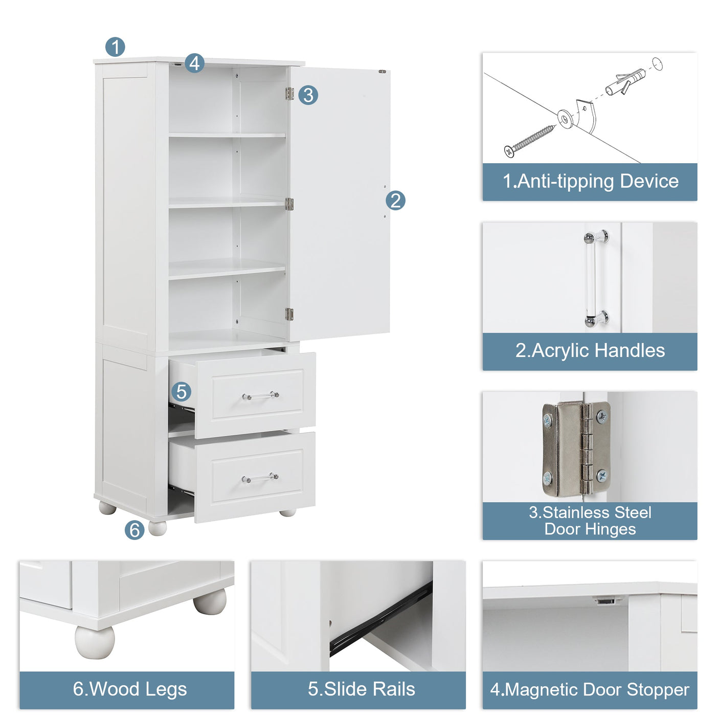 European Style Tall Bathroom Storage Cabinet with Adjustable Shelves and Drawers Julia M Home & Kitchen