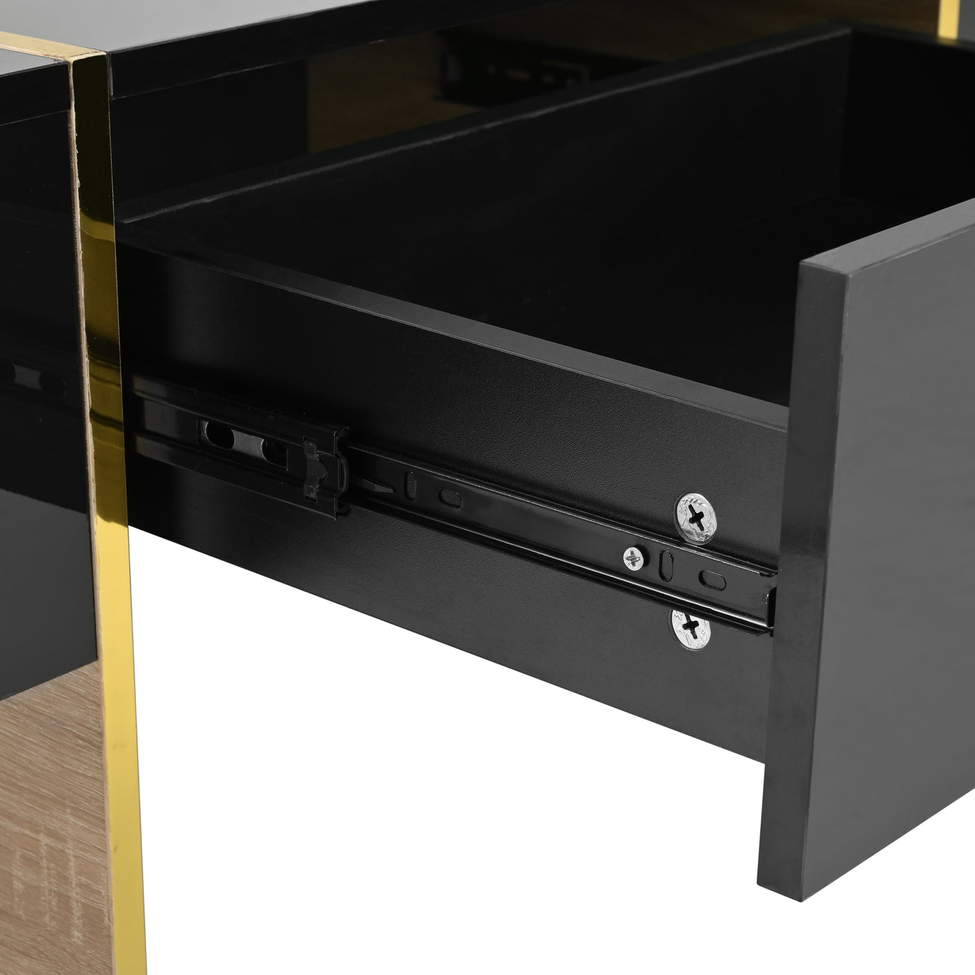 ON-TRANS 47.2 inch x 31.4 inch multifunctional rectangular sofa table with 2 drawers and gold wood grain leg center table, black - Julia M LifeStyles