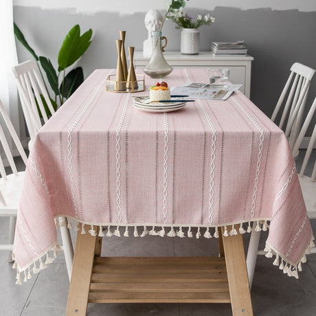 Nordic Christmas Table Cloth Hollow Tassel Table Cloth Solid Color Long Stripe Jacquard Table Cloth Tea Table Mat Cotton Linen