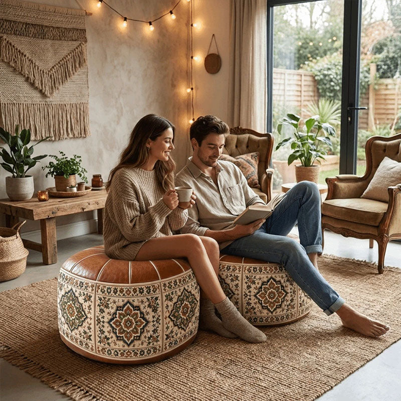 Heritage Floral Storage Ottoman Pouf – Vintage Leather-Style Accent Cover