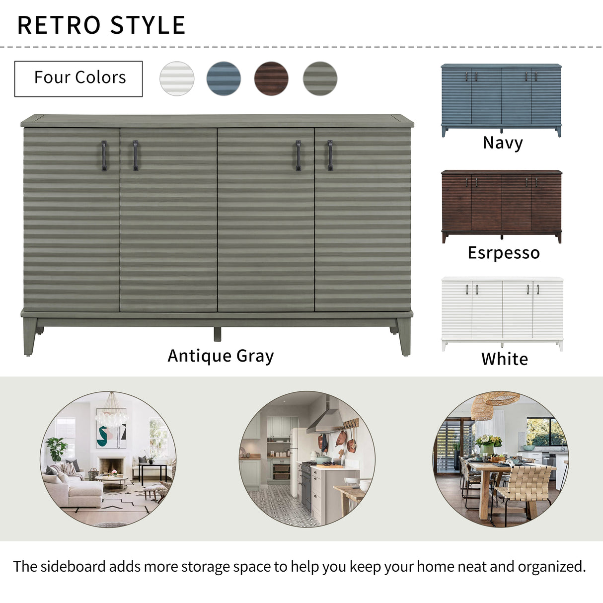 Side panel with 4-door large storage buffet, adjustable shelves and metal handles (antique gray)