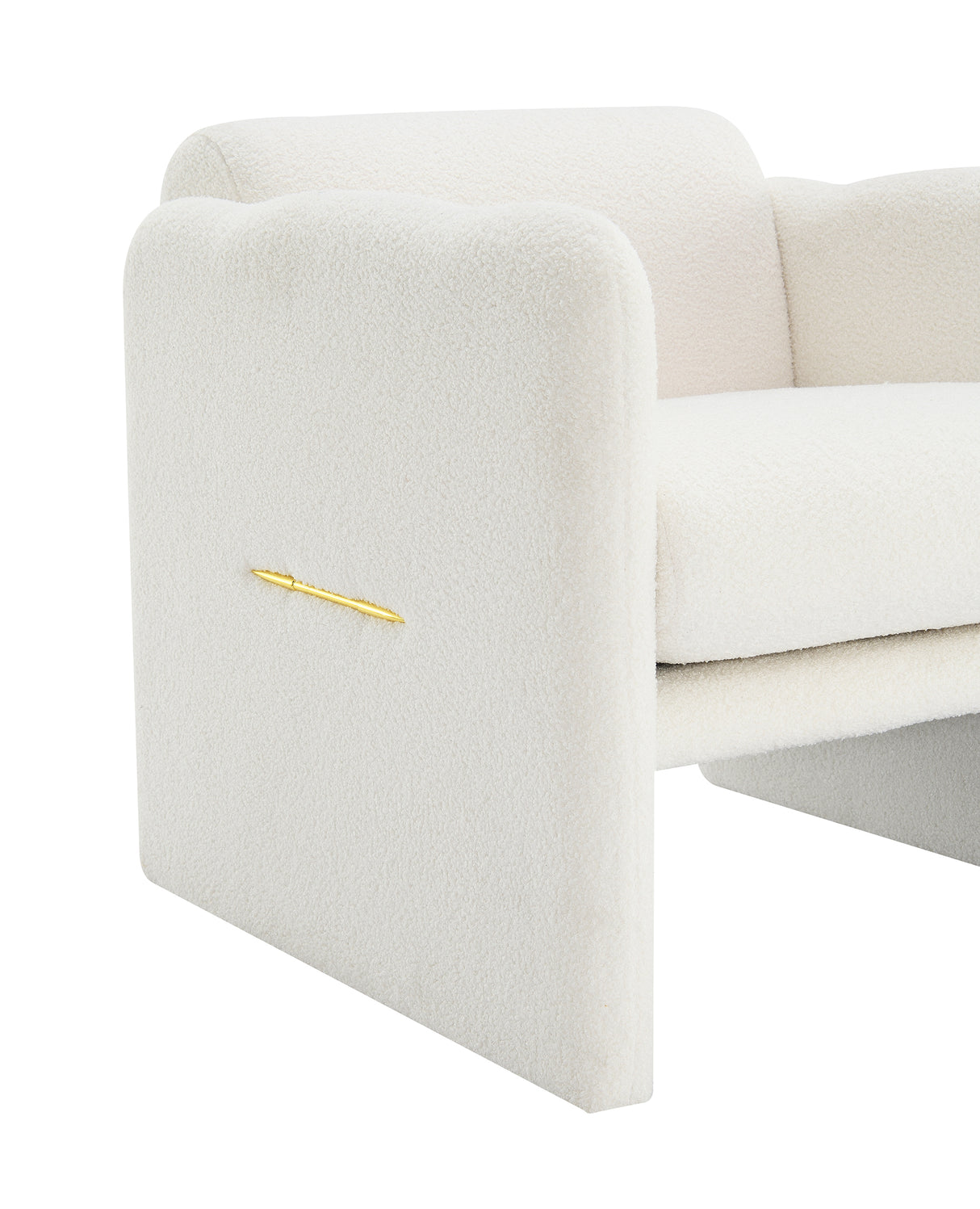 Armchair with wavy armrests, metal decorations on both sides of the armrests, made of Teddy cloth, white