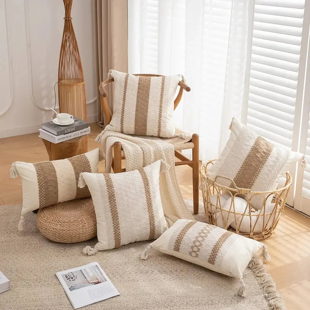 Bohemian Linen Fringed Throw Pillow Cover – Embroidered Decorative Cushion - Julia M LifeStyles