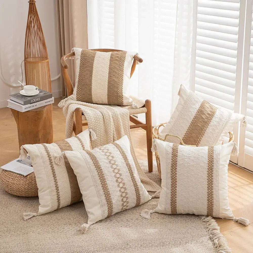 Bohemian Linen Fringed Throw Pillow Cover – Embroidered Decorative Cushion - Julia M LifeStyles