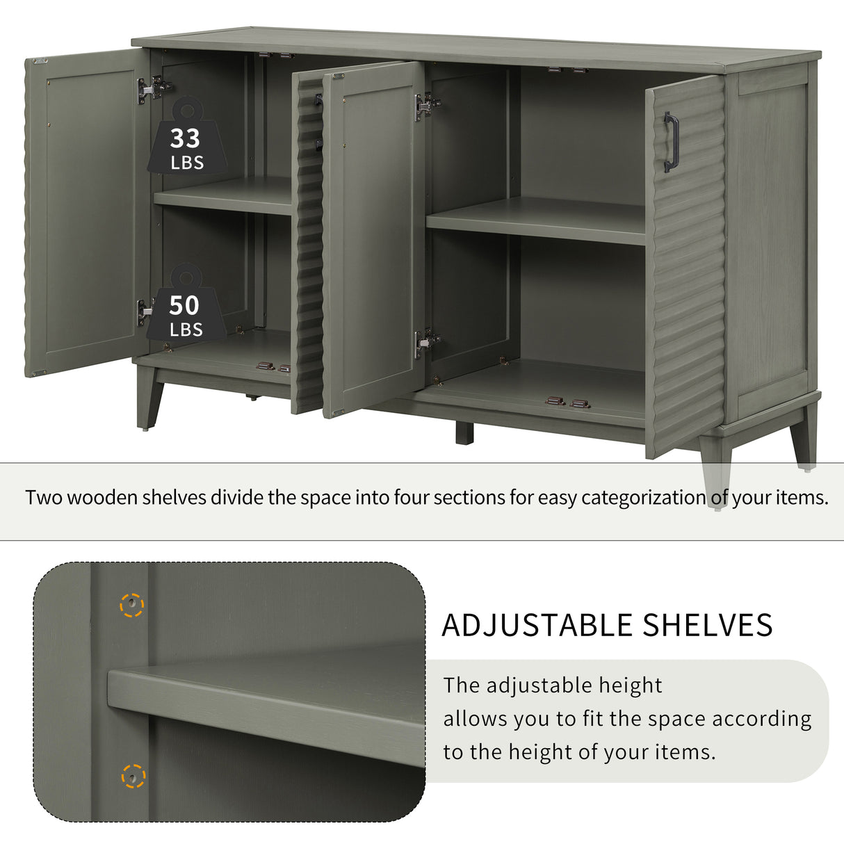 Side panel with 4-door large storage buffet, adjustable shelves and metal handles (antique gray)