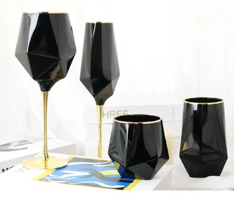 Pure Black Crystal Golden Edge Wine Glass Goblet Light Luxury Irregular Model Room Special Champagne Cup Whiskey Beer Glasses