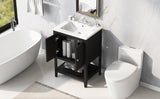 24" Black Modern Sleek Bathroom Vanity Elegant Ceramic Sink with Solid Wood Frame Open Style Shelf
