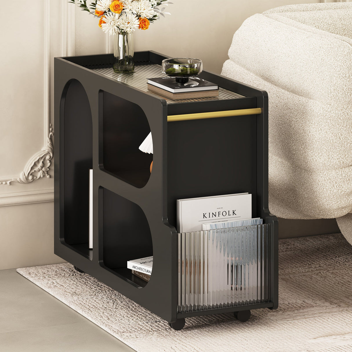 Stylish mobile desk with lockable wheels,bedside table with 5mm thick grooved tempered glass and gold round bars ，black Julia M Home & Kitchen