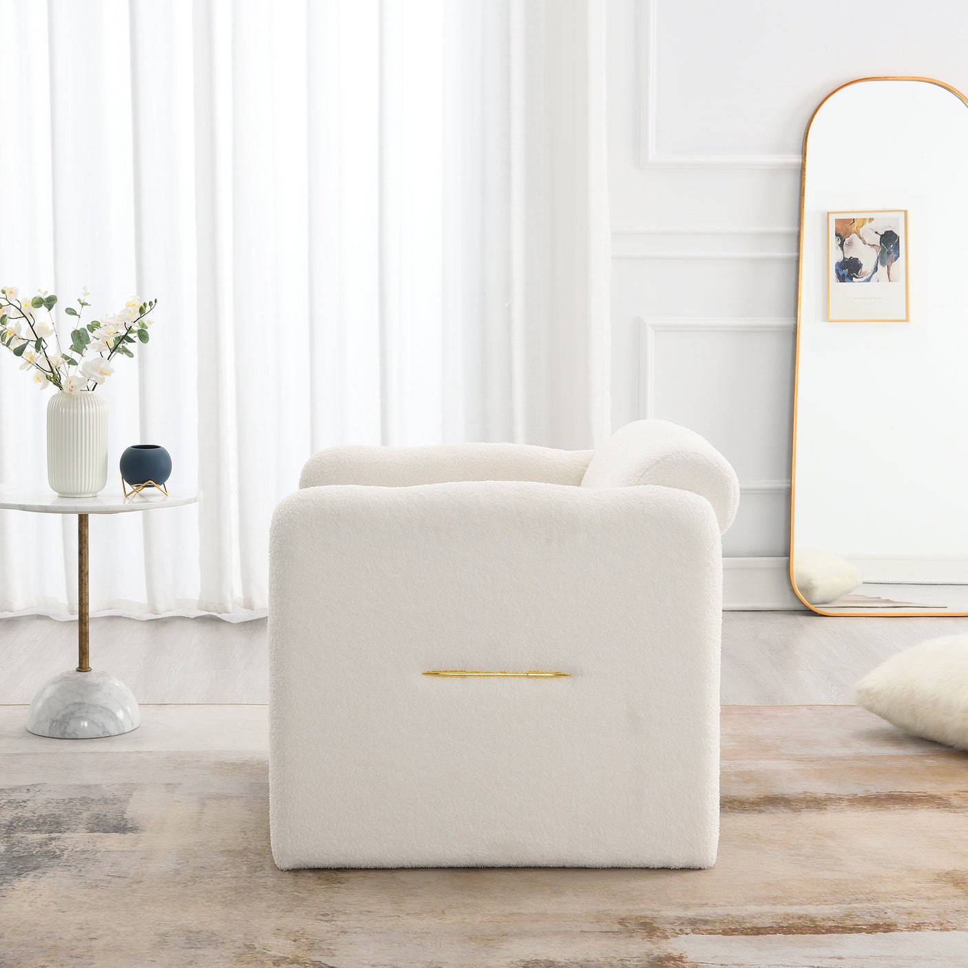 Armchair with wavy armrests, metal decorations on both sides of the armrests, made of Teddy cloth, white - Julia M LifeStyles