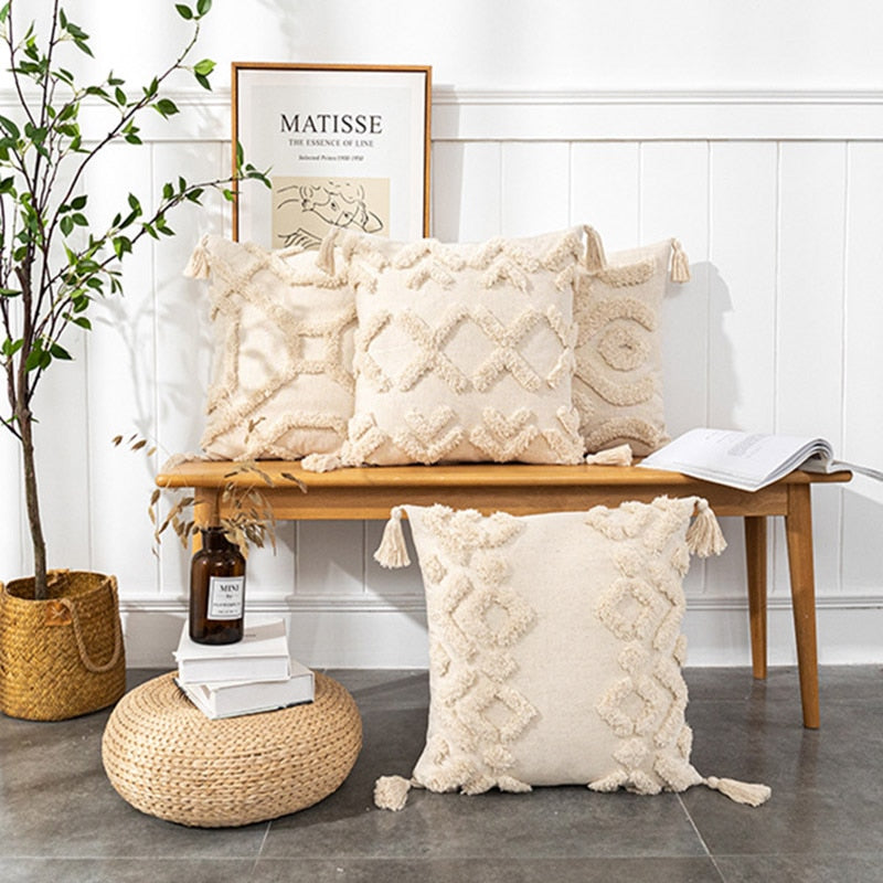 Tassels Cushion Cover 45x45cm - Beige and White Boho Decor - Julia M LifeStyles