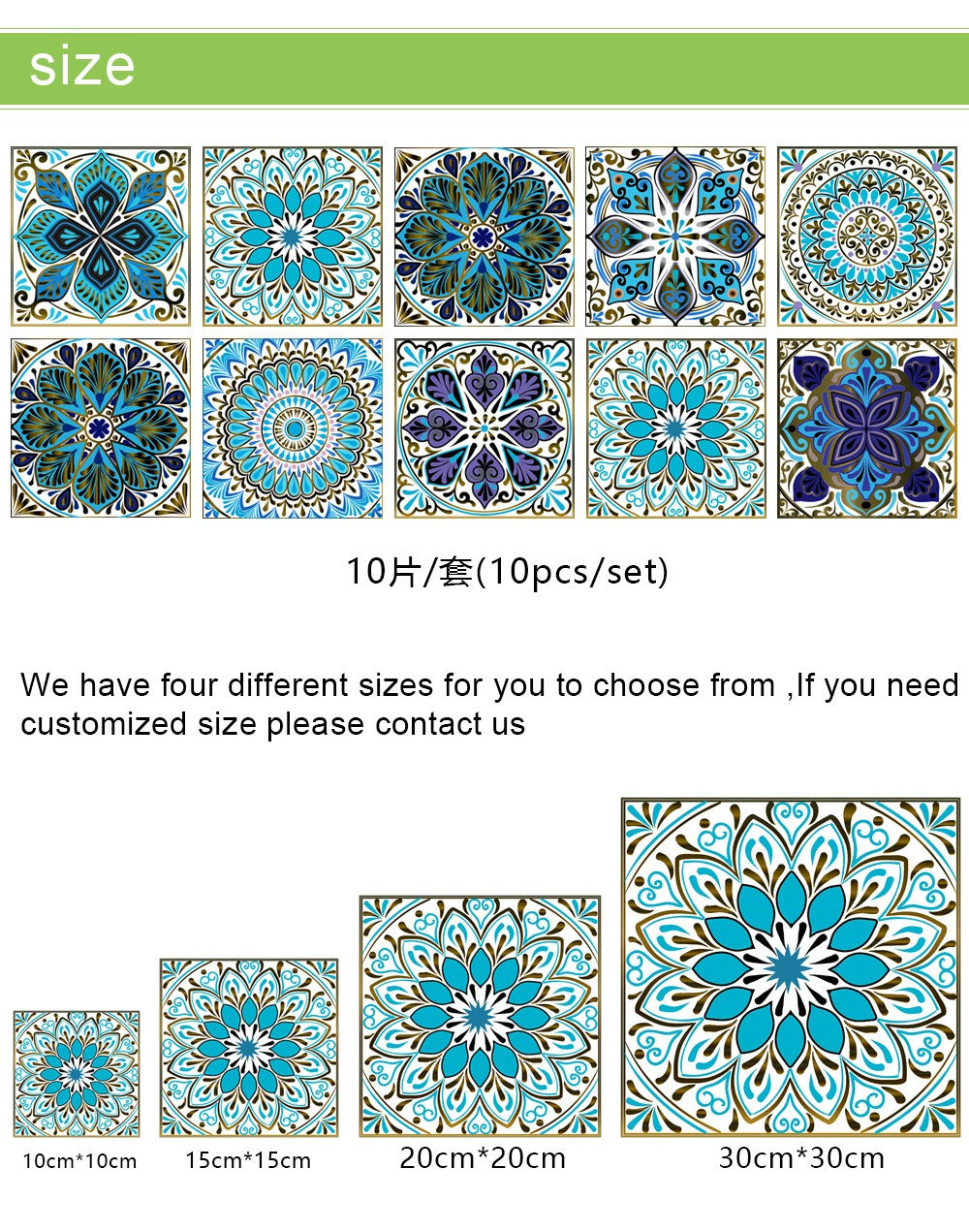 Mosaic 10-Piece Imitation Ceramic Tile Stickers Set for Home Decoration