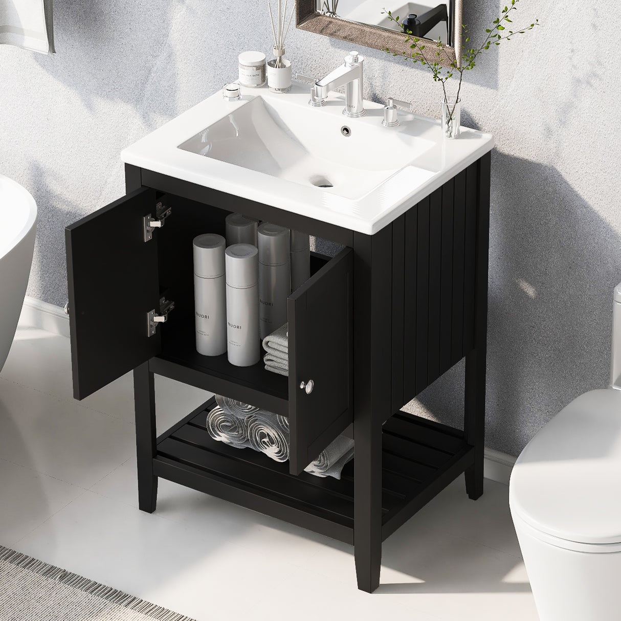 24" Black Modern Sleek Bathroom Vanity Elegant Ceramic Sink with Solid Wood Frame Open Style Shelf