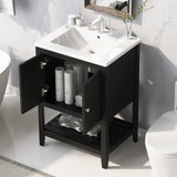 24" Black Modern Sleek Bathroom Vanity Elegant Ceramic Sink with Solid Wood Frame Open Style Shelf