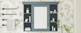 35 ''x 28' 'blue wall mounted bathroom storage cabinet with mirror door and medication cabinet with 6 open shelves