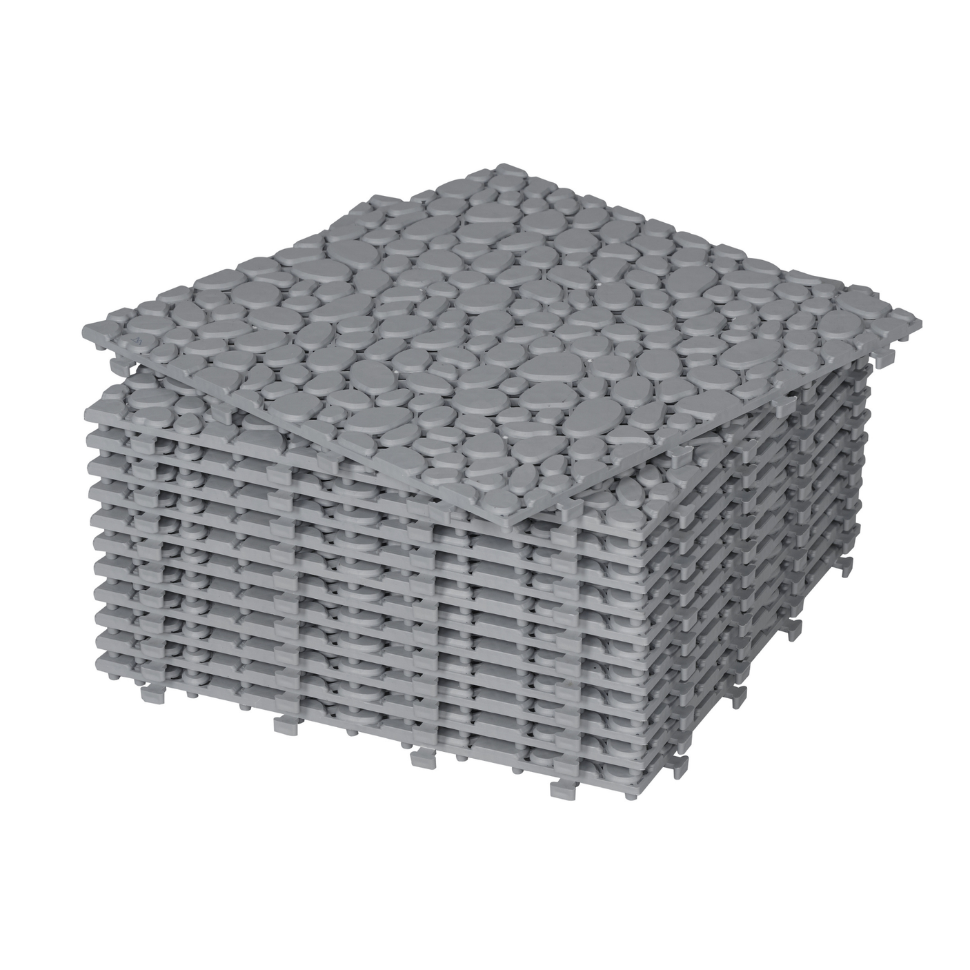 12 x 12 inch gray interlocking deck tiles, plastic waterproof pebble pattern, pack of 12 pieces - Julia M LifeStyles