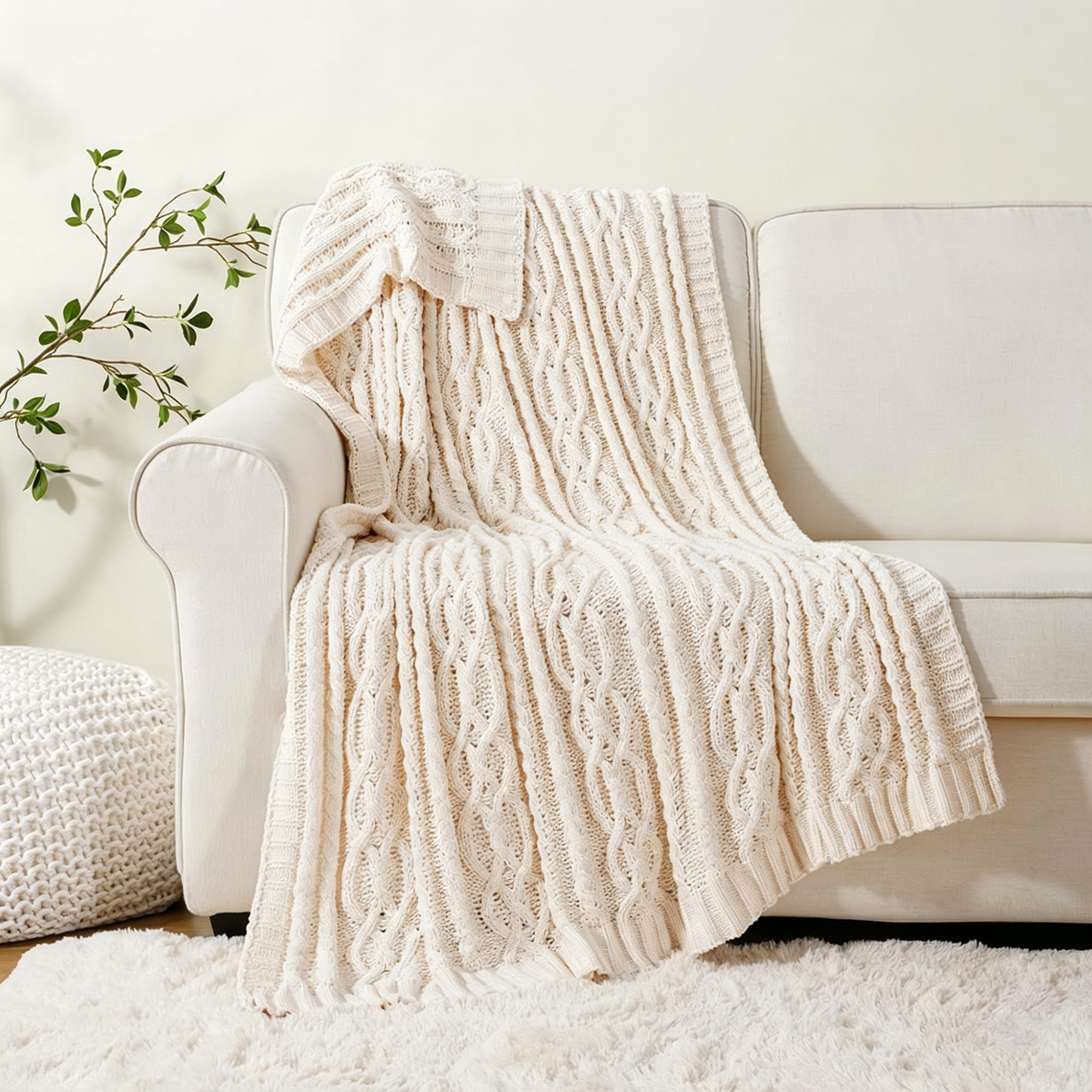 Handcrafted Cable Knit Oatmeal Throw – Soft Textured Blanket
