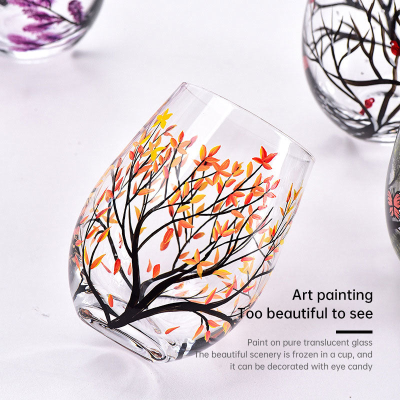 Light luxury ins crystal glass wine glass hand-painted household goblet four seasons painted wine glass - Julia M LifeStyles