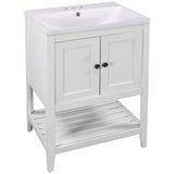 24" White Modern Sleek Bathroom Vanity Elegant Ceramic Sink with Solid Wood Frame Open Style Shelf
