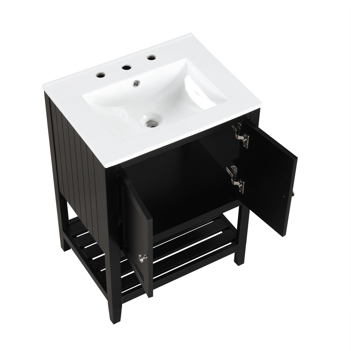 24" Black Modern Sleek Bathroom Vanity Elegant Ceramic Sink with Solid Wood Frame Open Style Shelf