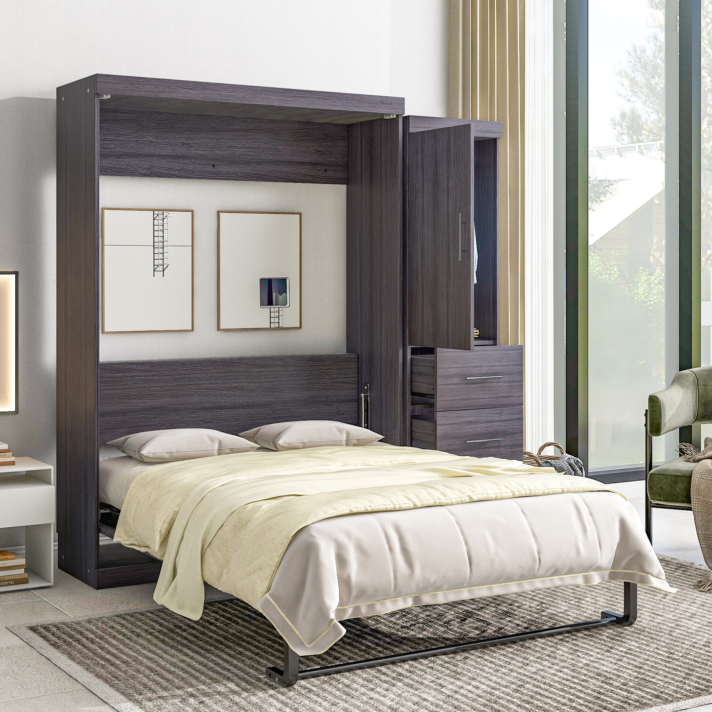Full Size Murphy Bed with Wardrobe and Drawers, Storage Bed, can be Folded into a Cabinet, Gray - Julia M LifeStyles