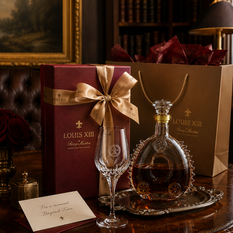 Louis XIII Bourbon cognac gift set on a dark wooden table, featuring a deep burgundy box with a gold ribbon, a brown paper shopping bag, a clear crystal coupe glass, and a decorated glass bottle of cognac on a silver tray.