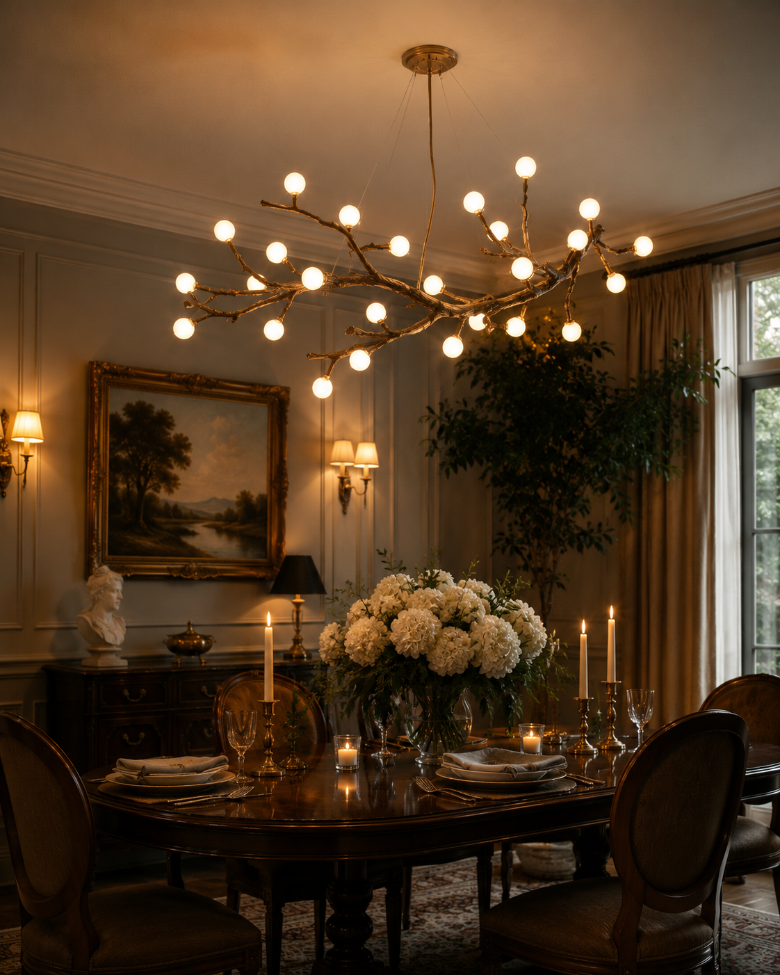 A large branch-shaped chandelier with many glowing globe bulbs hangs over a dark wood dining table set with white flowers, candles, plates, and chairs in a warmly lit classical dining room.