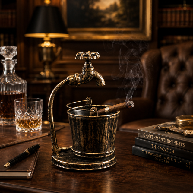A vintage-style brass and bronze smoking apparatus on a dark wooden table, featuring a bucket with a smoking cigar, a curved pipe arm with a faucet-like top, and visible smoke rising. The scene is styled in a warm, dimly lit study with books, a leather chair, a decanter, and a glass of whiskey in the background.