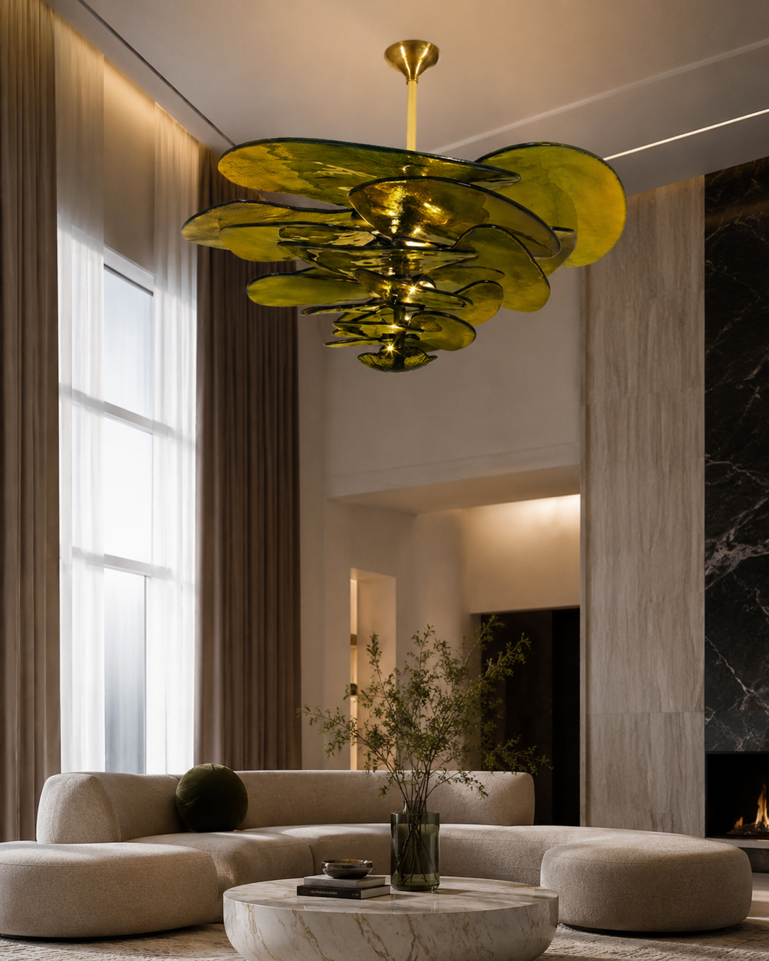 Verdant Cascade sculptural art glass chandelier in botanical hues luxury French retro light design