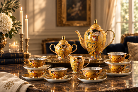 An ornate gold porcelain tea set displayed on a polished marble table in a luxurious dining room. The set includes a teapot, teapot lid, creamer, four teacups with saucers, and matching sugar bowls, all decorated with intricate gold patterns, black Greek key borders, and colorful floral motifs.