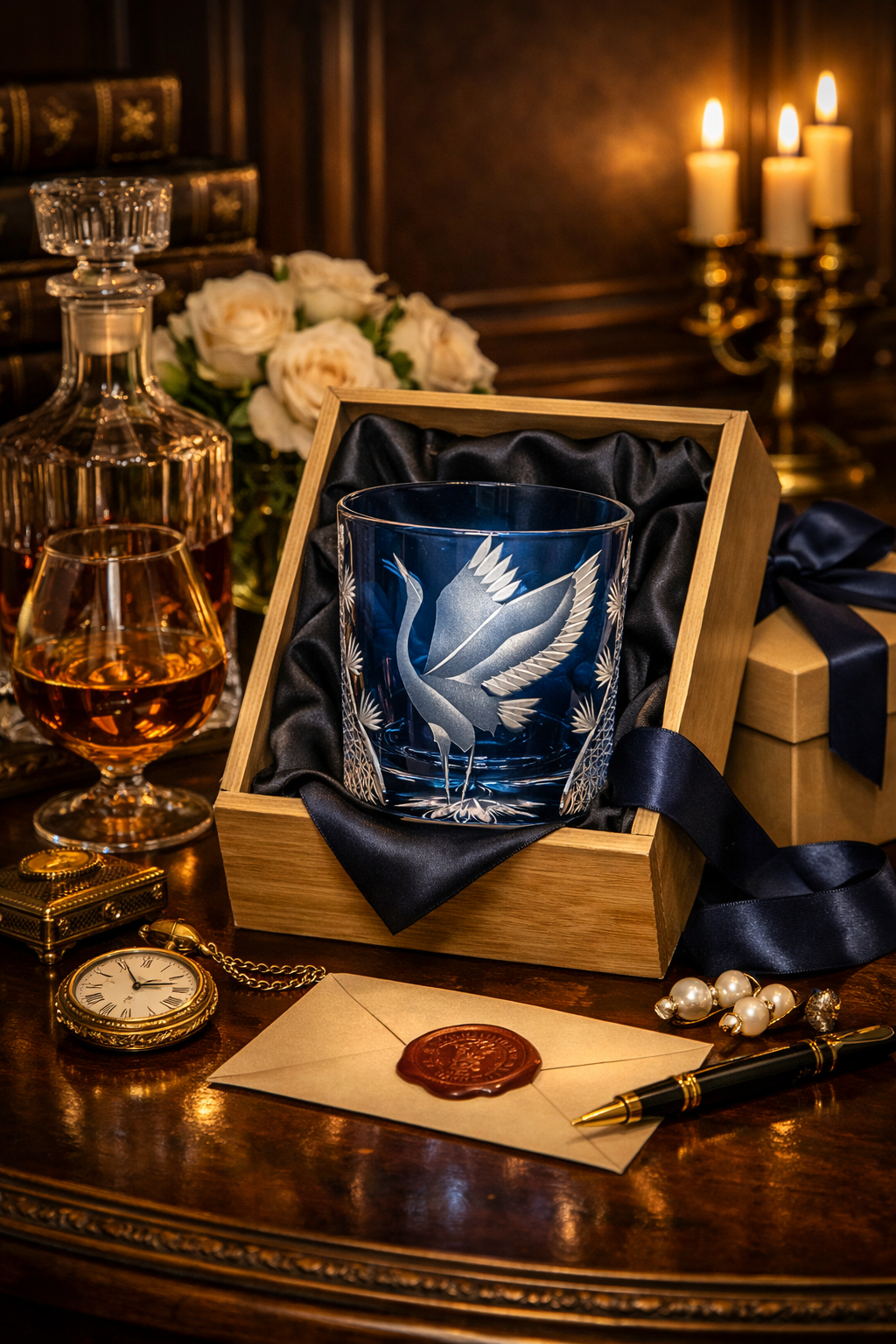 A blue etched glass tumbler with a white crane design, presented in a wooden gift box lined with dark blue satin. The box sits on a dark wooden table surrounded by a glass decanter, a glass of amber liquor, a pocket watch, pearls, a pen, and a wax-sealed envelope, with lit candles in the background.