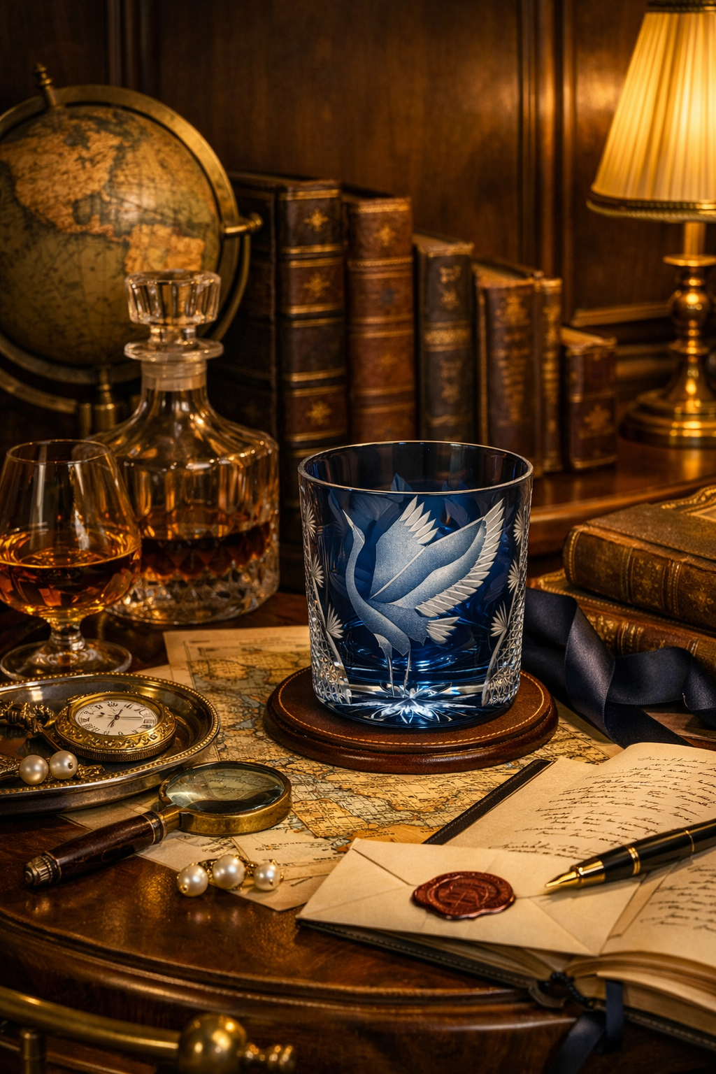 A blue and white etched glass tumbler with a crane design sits on a wooden coaster on a vintage desk, surrounded by old books, a decanter, a lamp, and a wax seal in a warm, antique room setting.