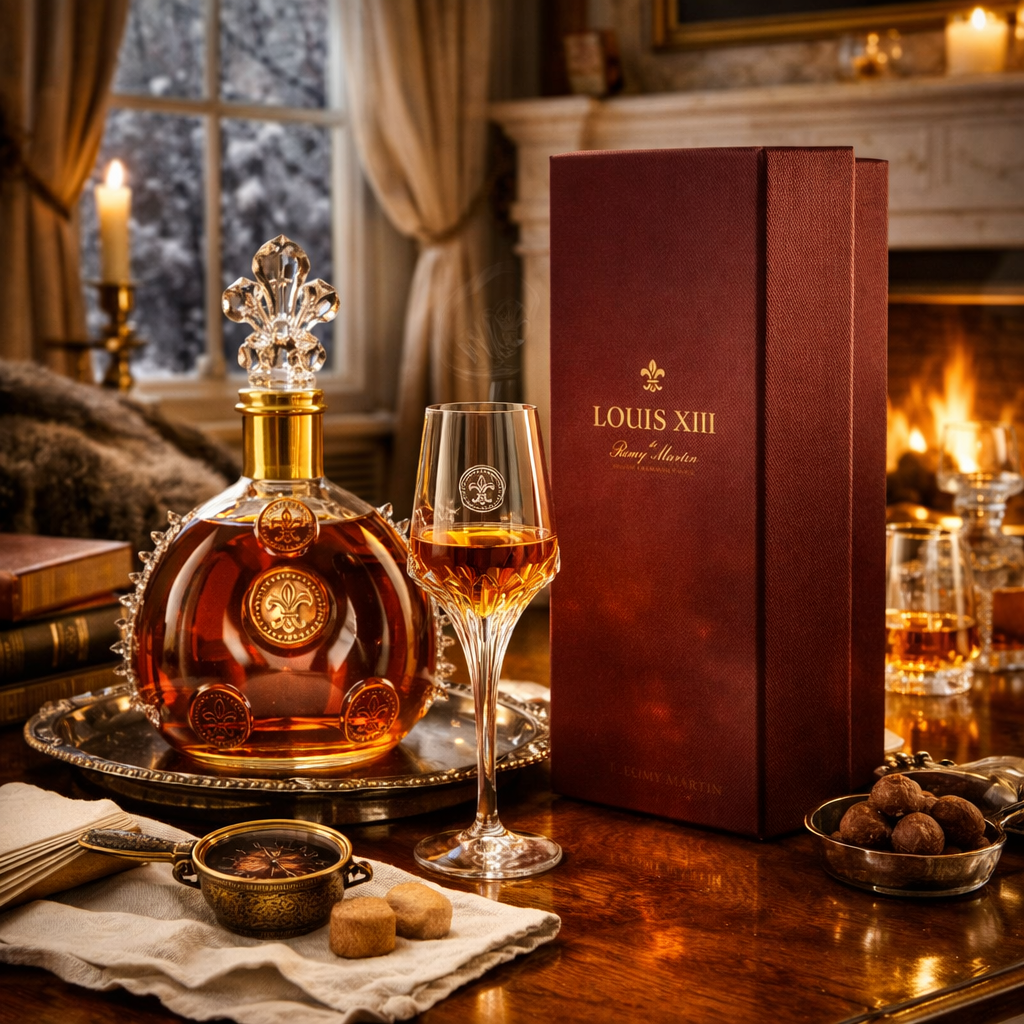 Louis XIII cognac decanter with a crystal stopper beside a filled coupe glass, set on a tray in a warm, candlelit room with a fireplace and matching Louis XIII gift box.