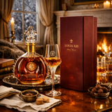 Louis XIII cognac decanter with a crystal stopper beside a filled coupe glass, set on a tray in a warm, candlelit room with a fireplace and matching Louis XIII gift box.