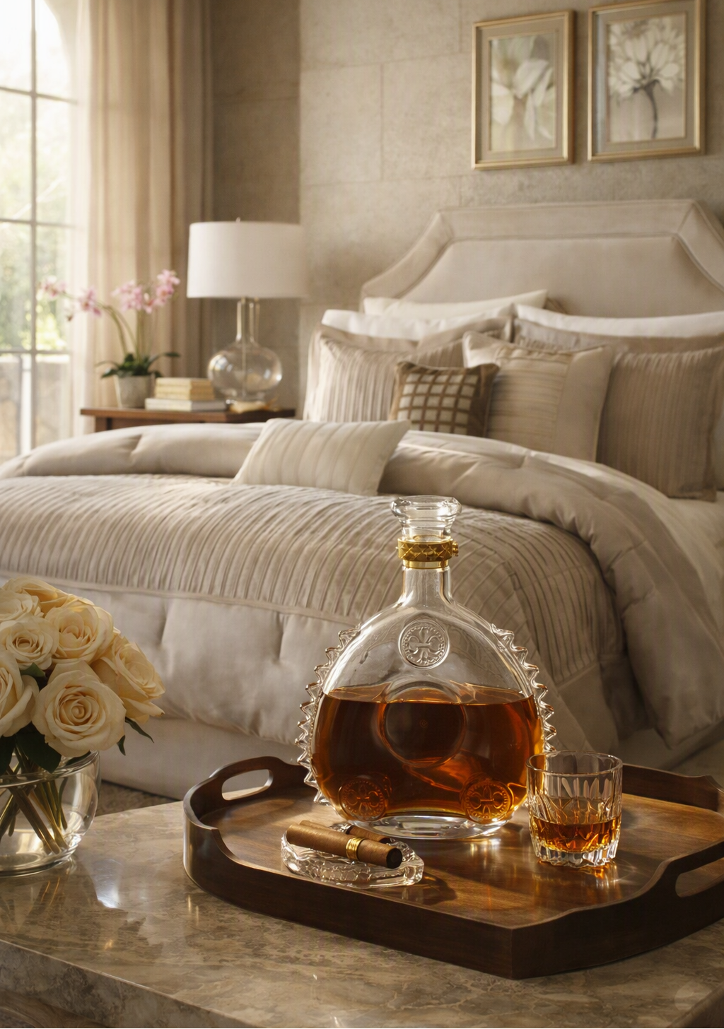 A bedroom scene with a bed dressed in beige bedding, a glass decanter of amber liquor on a wooden tray, and a matching glass on a marble table in the foreground. A 'AI-Generated' label appears in the top right corner.