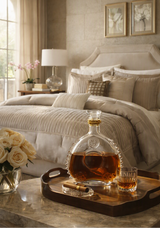 A bedroom scene with a bed dressed in beige bedding, a glass decanter of amber liquor on a wooden tray, and a matching glass on a marble table in the foreground. A 'AI-Generated' label appears in the top right corner.