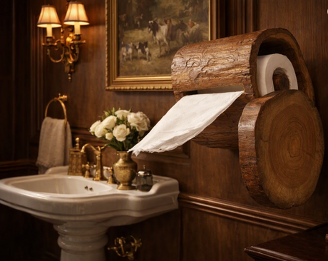 A rustic wood-slice toilet paper holder mounted on a dark wood-paneled bathroom wall, dispensing a white sheet of toilet paper next to a vintage white pedestal sink with gold fixtures.