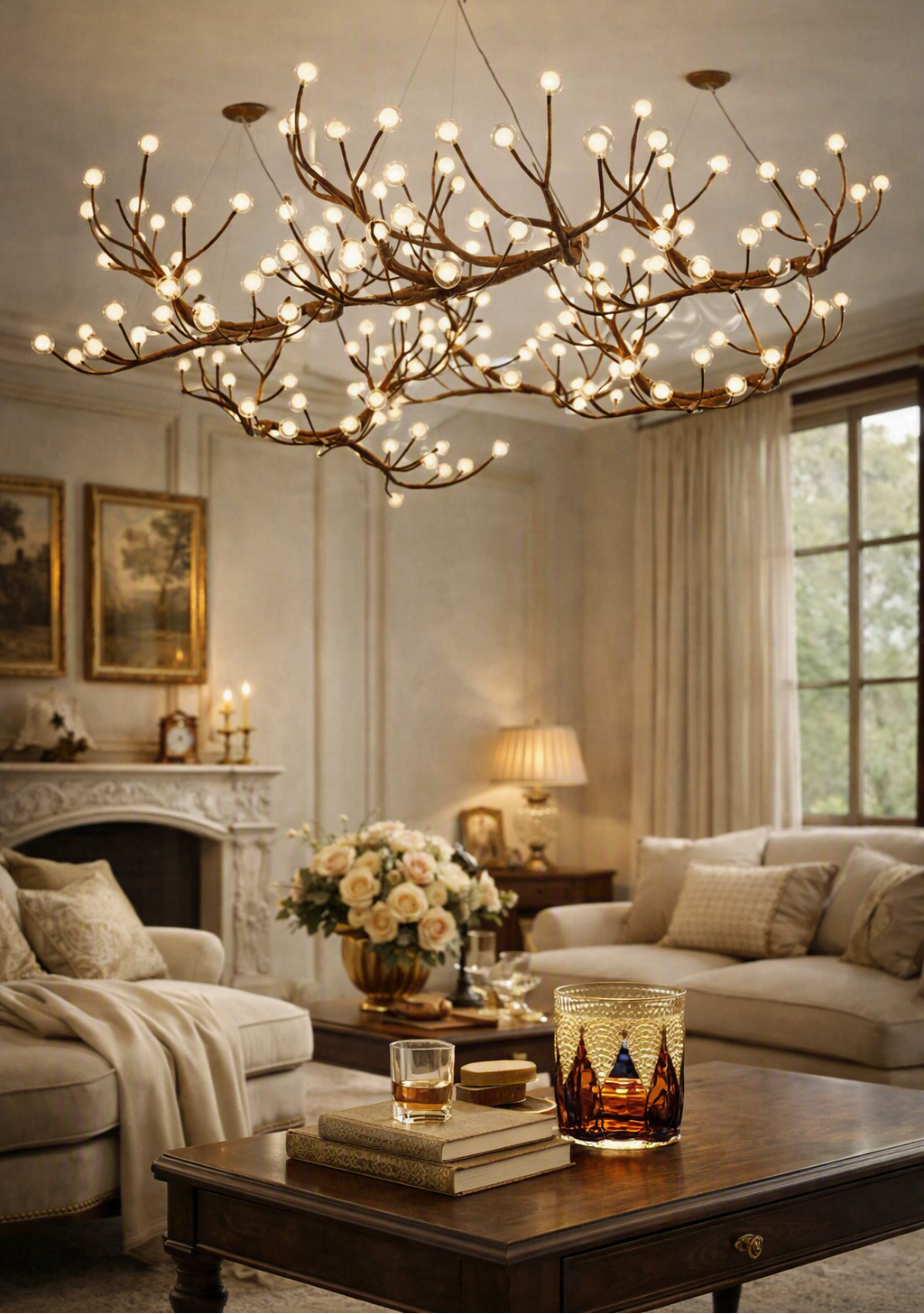A large, multi-tiered branch-style chandelier with numerous glowing warm bulbs hangs in a beautifully decorated living room with beige sofas, a wooden coffee table, and a fireplace in the background.