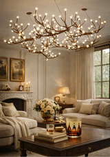A large, multi-tiered branch-style chandelier with numerous glowing warm bulbs hangs in a beautifully decorated living room with beige sofas, a wooden coffee table, and a fireplace in the background.