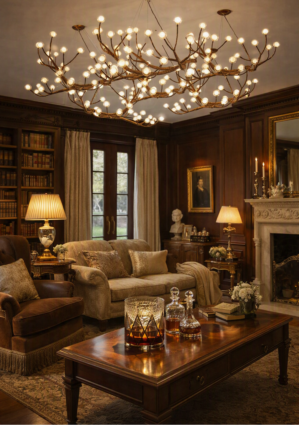 A large, ornate branch-shaped chandelier with many glowing bulbs hangs in a richly decorated traditional living room with dark wood paneling, a sofa, a coffee table, and lamps.