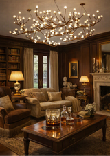 A large, ornate branch-shaped chandelier with many glowing bulbs hangs in a richly decorated traditional living room with dark wood paneling, a sofa, a coffee table, and lamps.