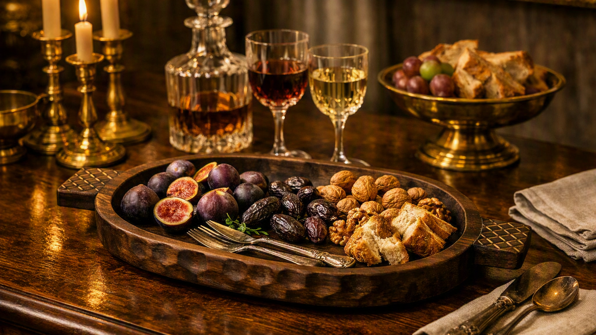 A rustic wooden charcuterie board filled with sliced figs, dates, walnuts, and bread cubes on a dark wooden table, surrounded by wine glasses, a decanter, candles, and a bowl of bread in a warmly lit dining setting.