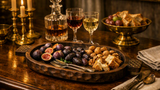 A rustic wooden charcuterie board filled with sliced figs, dates, walnuts, and bread cubes on a dark wooden table, surrounded by wine glasses, a decanter, candles, and a bowl of bread in a warmly lit dining setting.