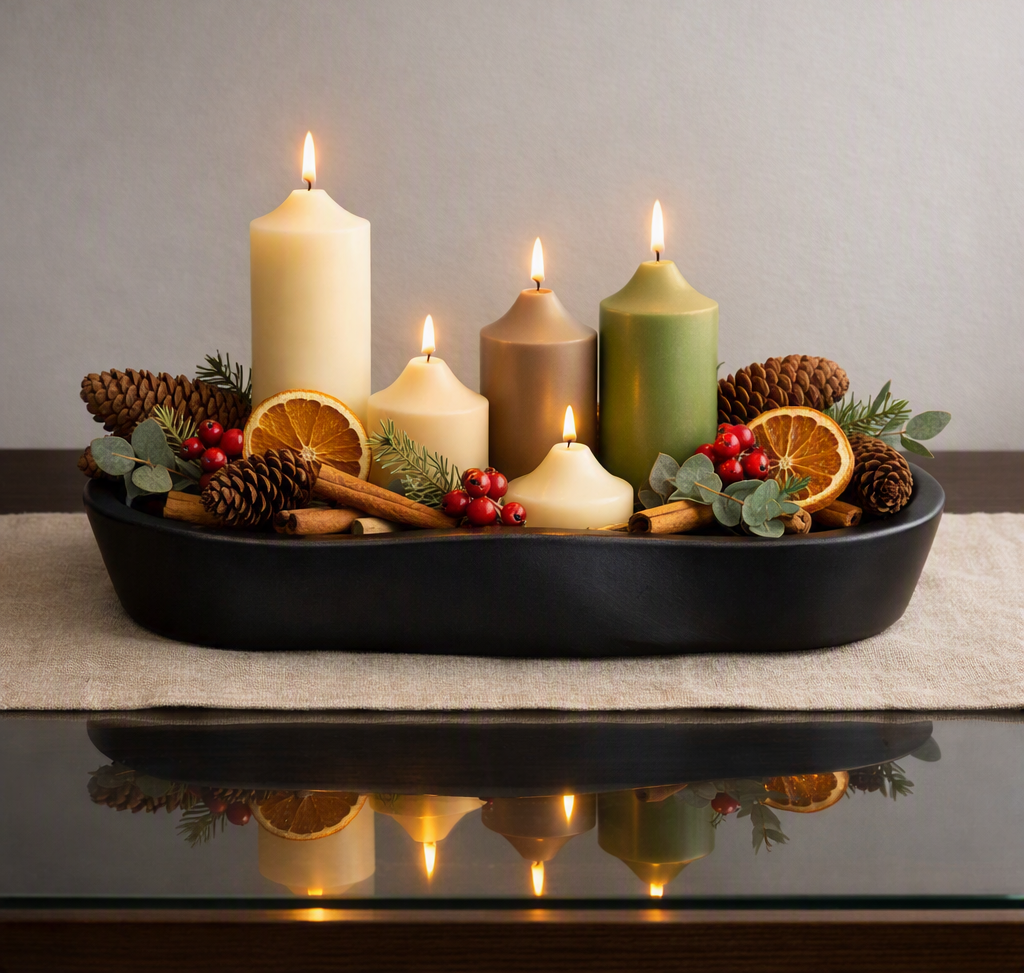 A styled holiday centerpiece in a black oval tray, featuring five lit pillar candles in cream, tan, and sage green, accented with pinecones, dried orange slices, cinnamon sticks, and red berries on a beige runner. A 'Made with AI' badge is visible in the top right corner.
