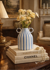 Hand drawn dual ear striped niche ceramic vase dining table flower arrangement ornament large belly simple floral ware